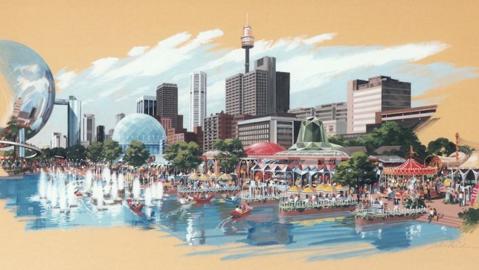 A colourful drawing of a fountain, people sitting under umbrellas and glass spheres.
